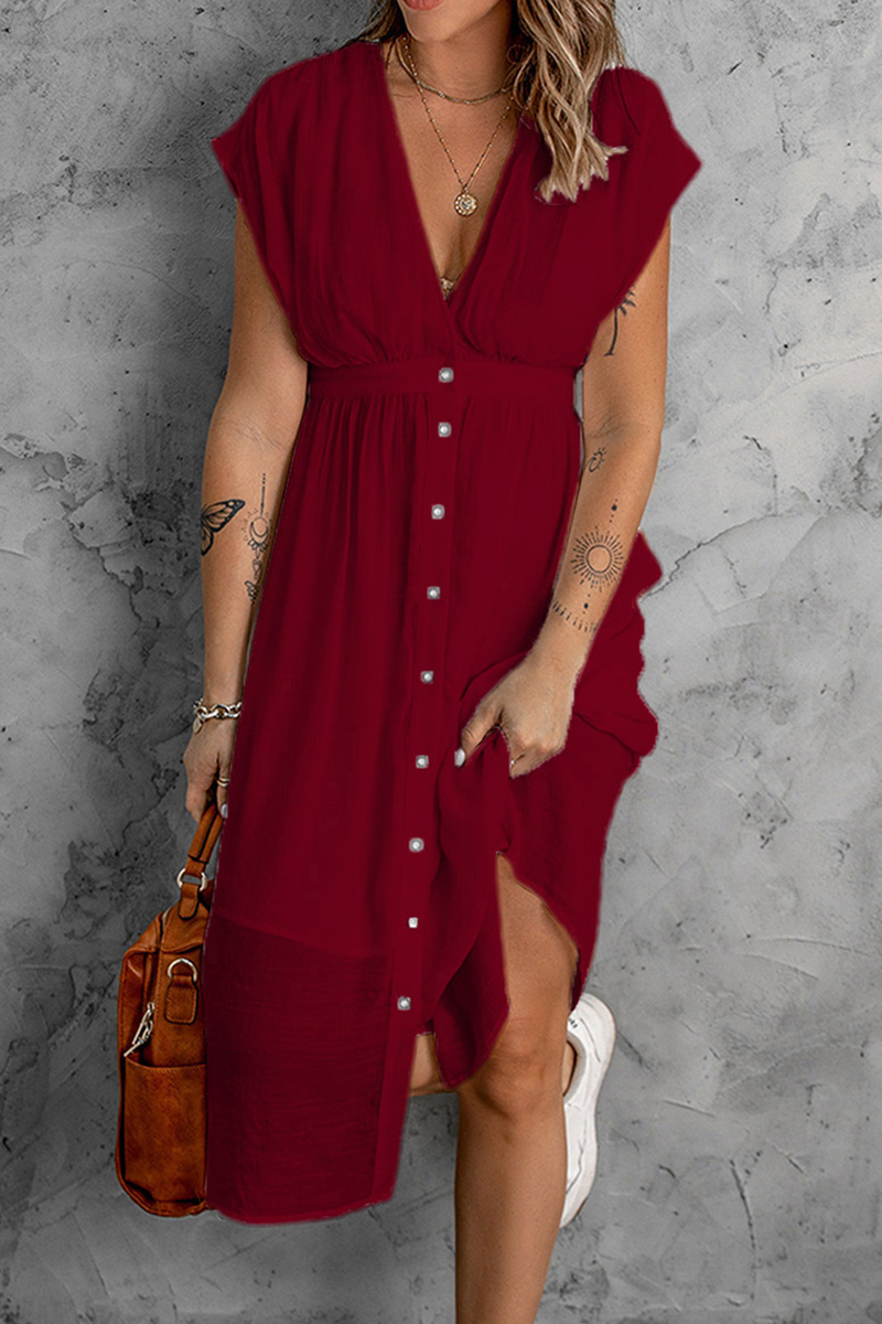 Vestidos casuales con falda y escote en V y hebilla sólida (7 colores)
