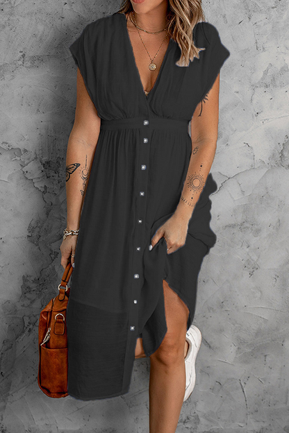 Vestidos casuales con falda y escote en V y hebilla sólida (7 colores)