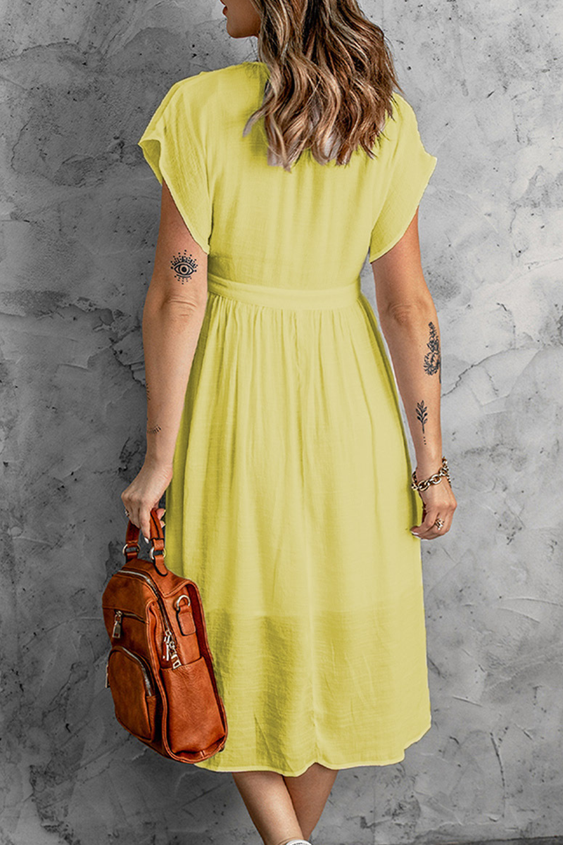 Vestidos casuales con falda y escote en V y hebilla sólida (7 colores)