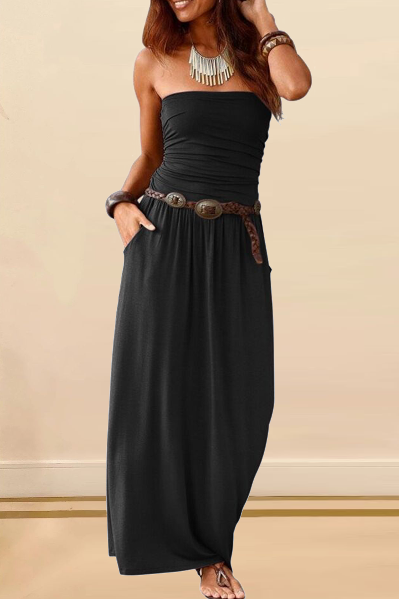 Vestidos casuales de falda con cintura sin tirantes y parches lisos (4 colores)