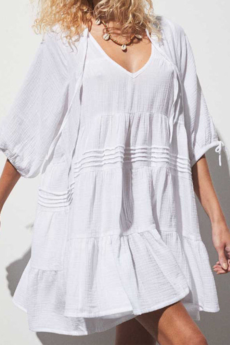Vestidos casuales de falda pastel con cuello en V y cordón ajustable de color sólido