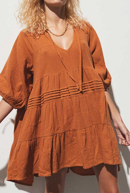 Vestidos casuales de falda pastel con cuello en V y cordón ajustable de color sólido