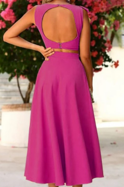 Conjunto de dos piezas sin mangas, cuello redondo, espalda descubierta y volantes (4 colores)