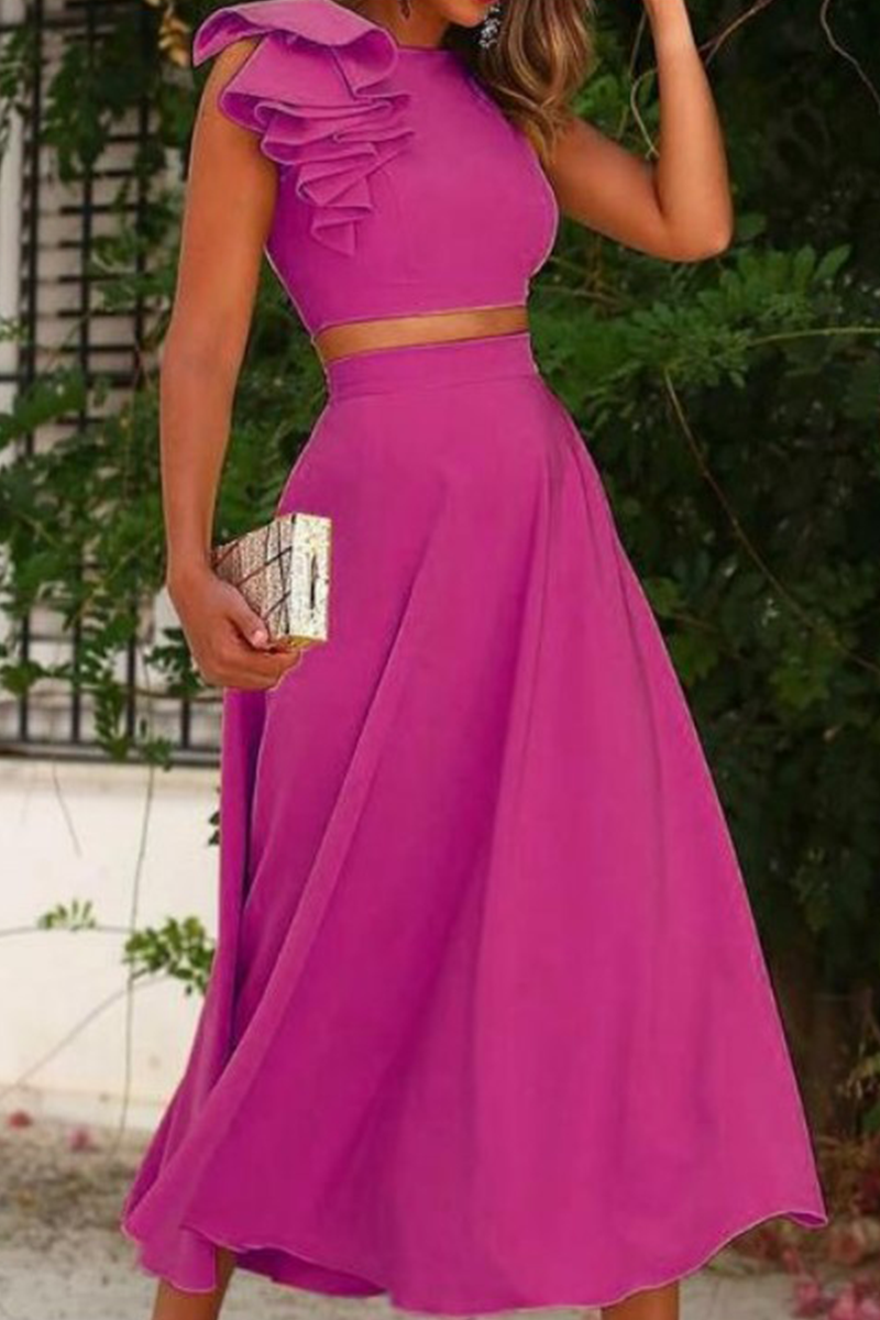 Conjunto de dos piezas sin mangas, cuello redondo, espalda descubierta y volantes (4 colores)