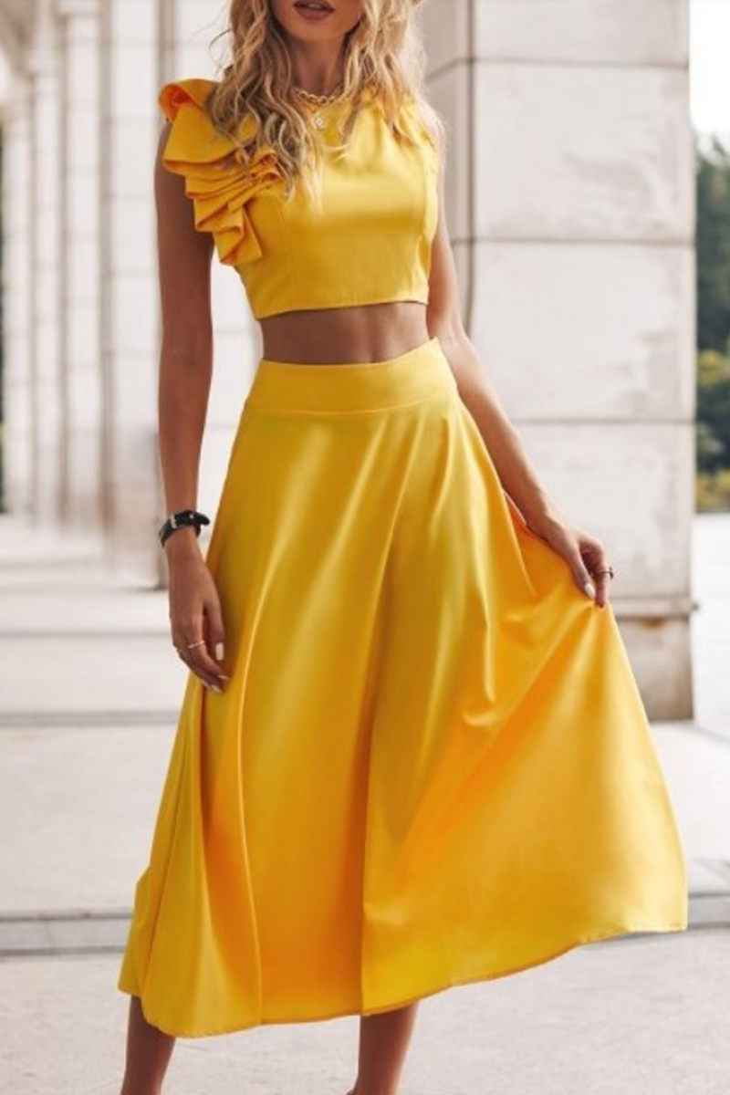 Conjunto de dos piezas sin mangas, cuello redondo, espalda descubierta y volantes (4 colores)