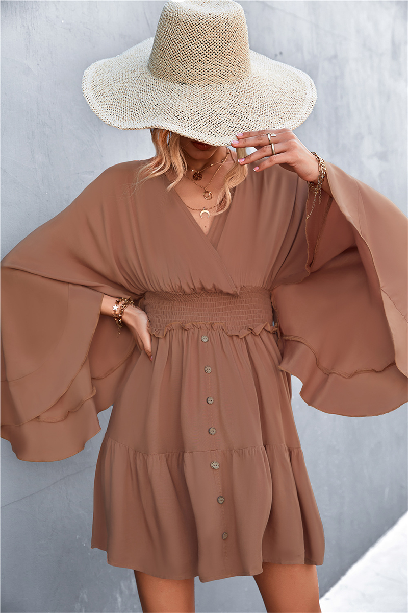Vestidos casuales con falda y escote en V y retazos sólidos (3 colores)