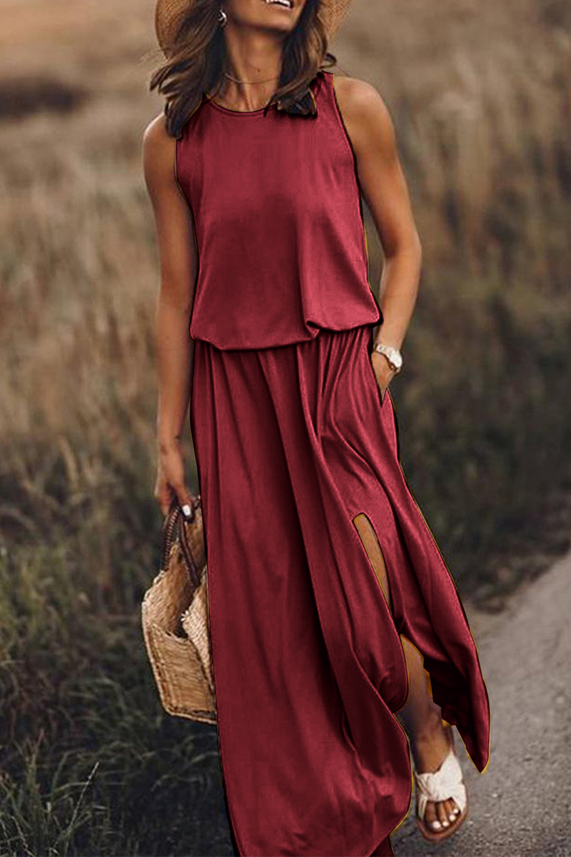 Vestidos casuales de falda con abertura en la cintura y cuello redondo (8 colores)