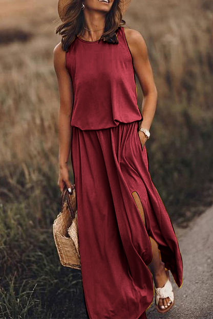 Vestidos casuales de falda con abertura en la cintura y cuello redondo (8 colores)
