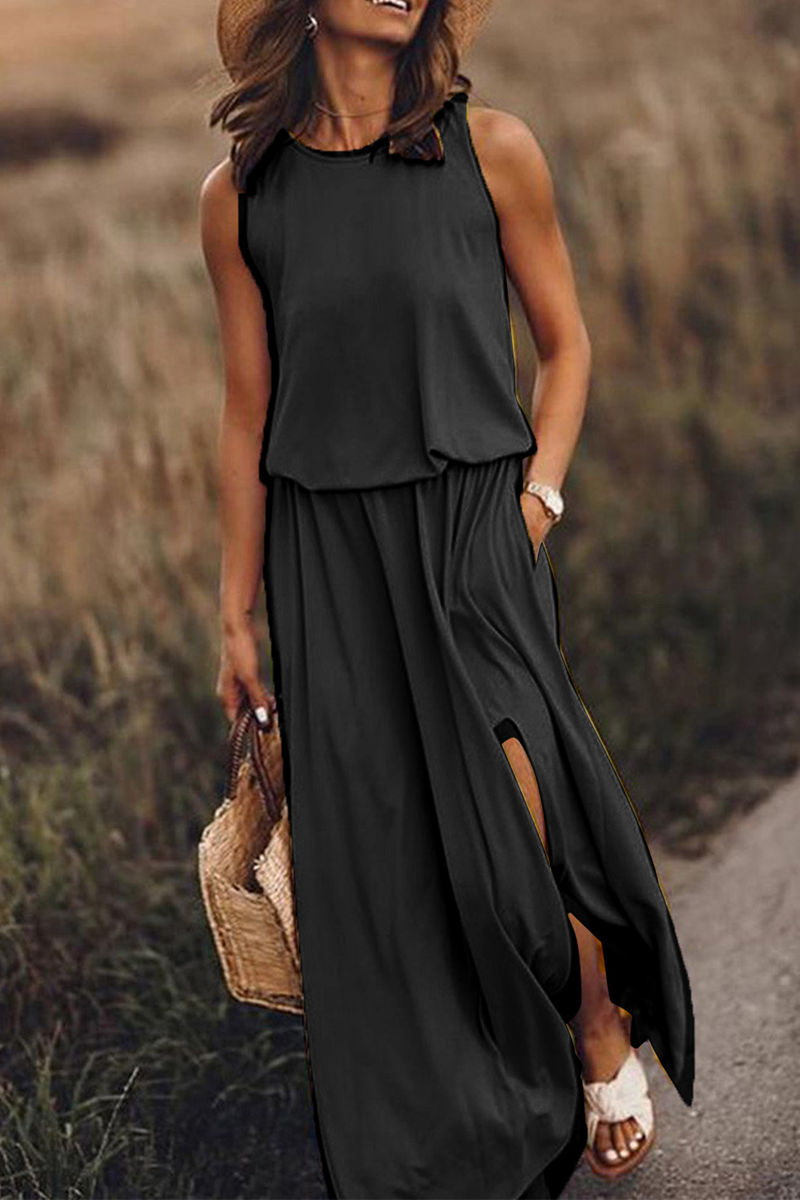 Vestidos casuales de falda con abertura en la cintura y cuello redondo (8 colores)