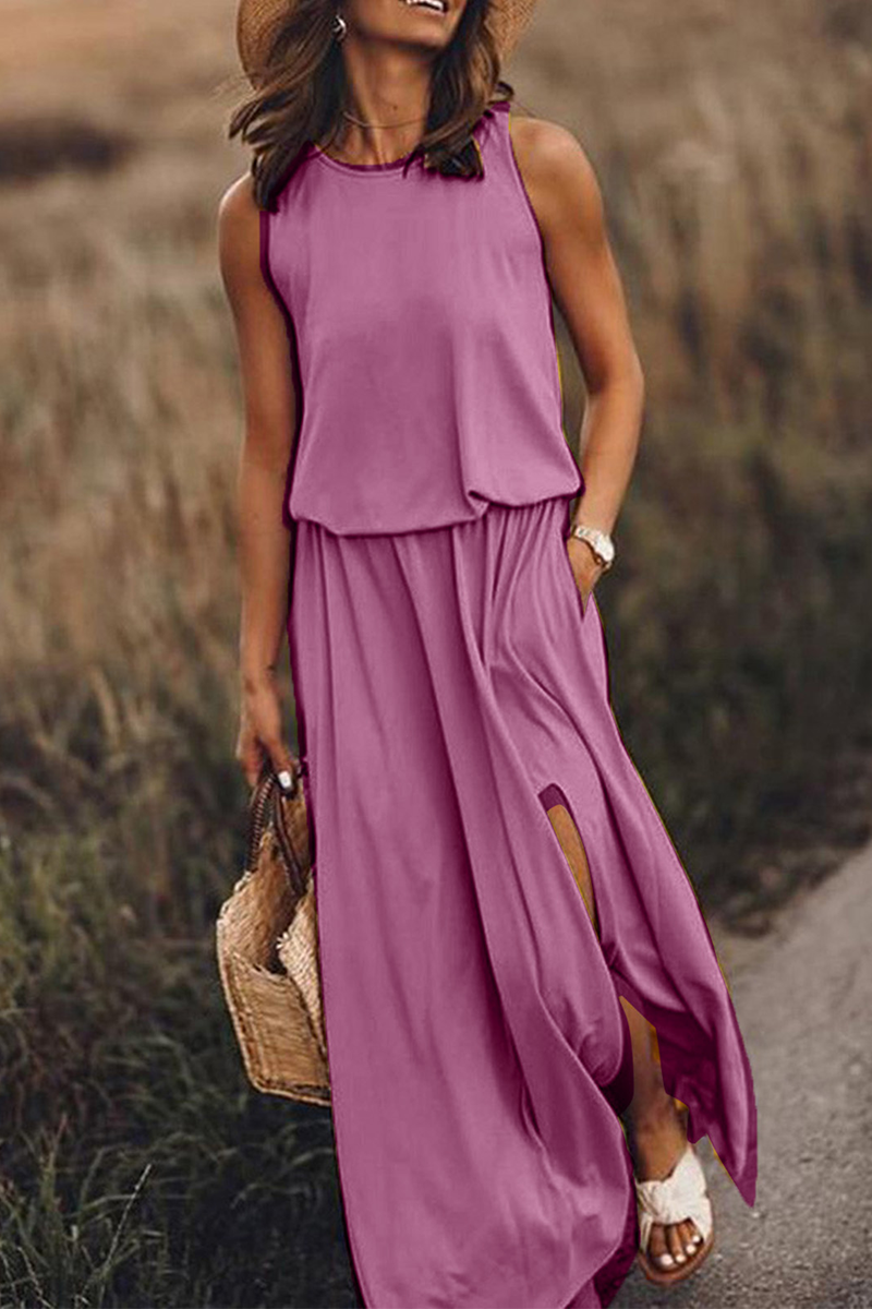 Vestidos casuales de falda con abertura en la cintura y cuello redondo (8 colores)