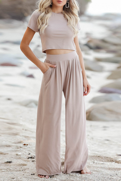 Conjunto de dos piezas de manga corta con cuello redondo y parches sólidos a la moda (3 colores)