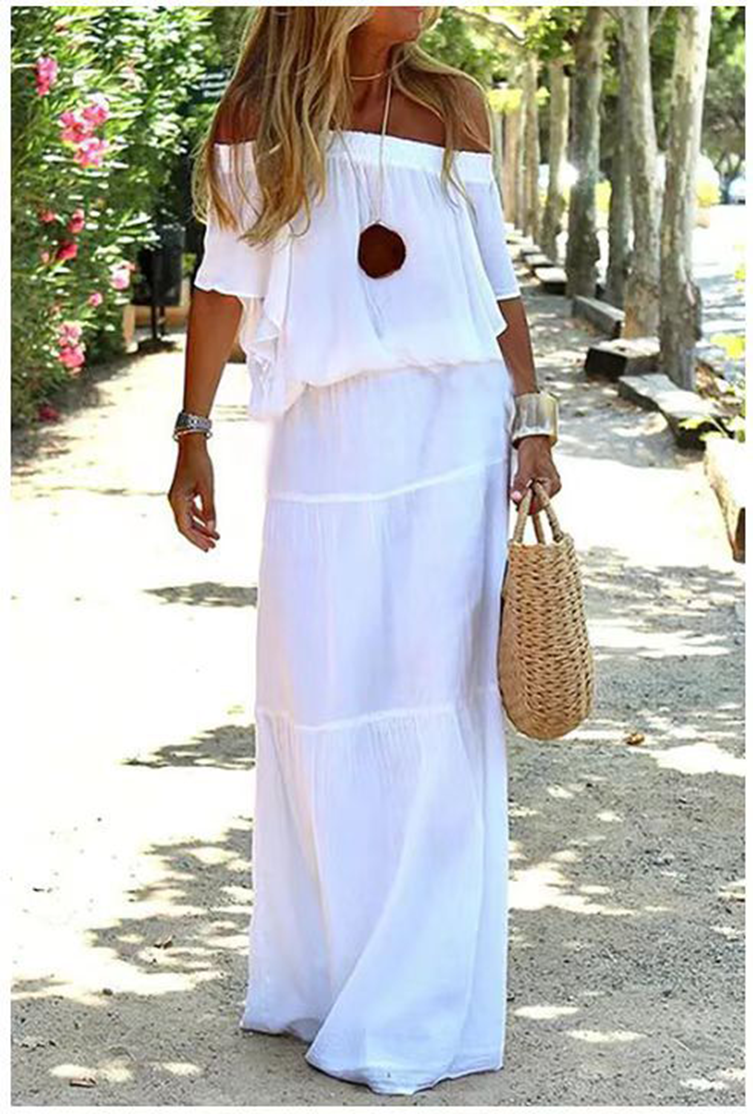 Vestidos rectos con hombros descubiertos y patchwork liso de moda
