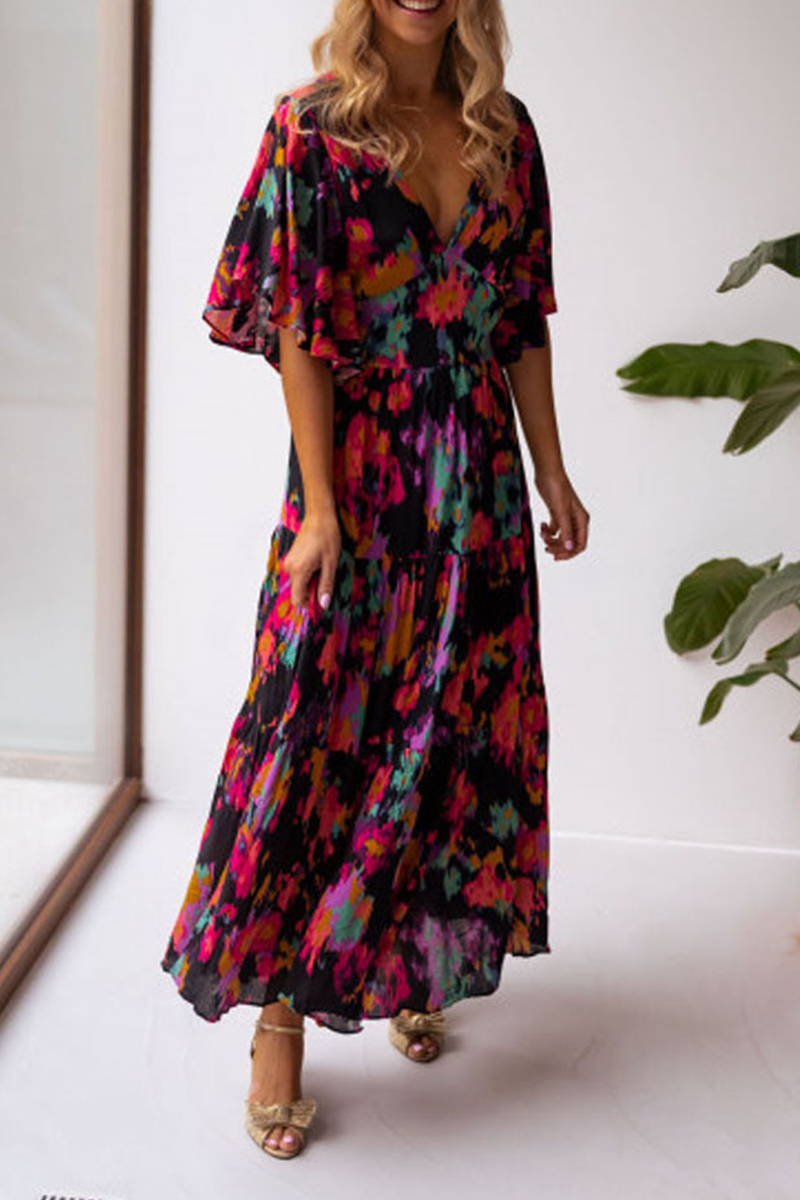 Vestidos casuales con estampado de volantes y cuello en V con falda pastel
