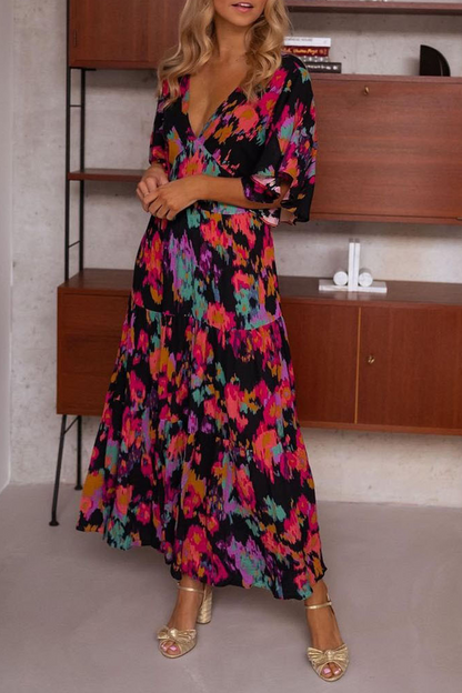 Vestidos casuales con estampado de volantes y cuello en V con falda pastel