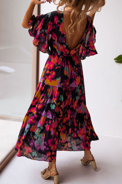 Vestidos casuales con estampado de volantes y cuello en V con falda pastel