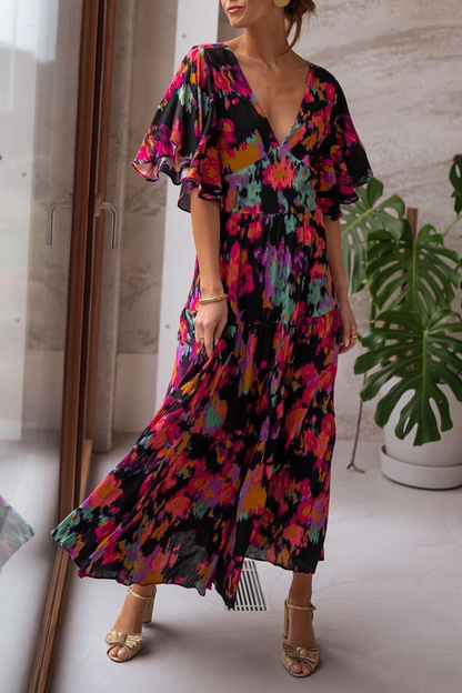 Vestidos casuales con estampado de volantes y cuello en V con falda pastel