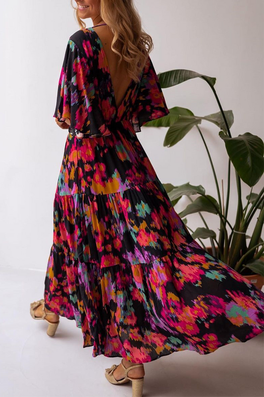 Vestidos casuales con estampado de volantes y cuello en V con falda pastel