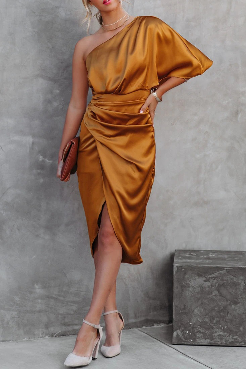 Elegante vestido de noche con cuello oblicuo y pliegues de patchwork liso (5 colores)