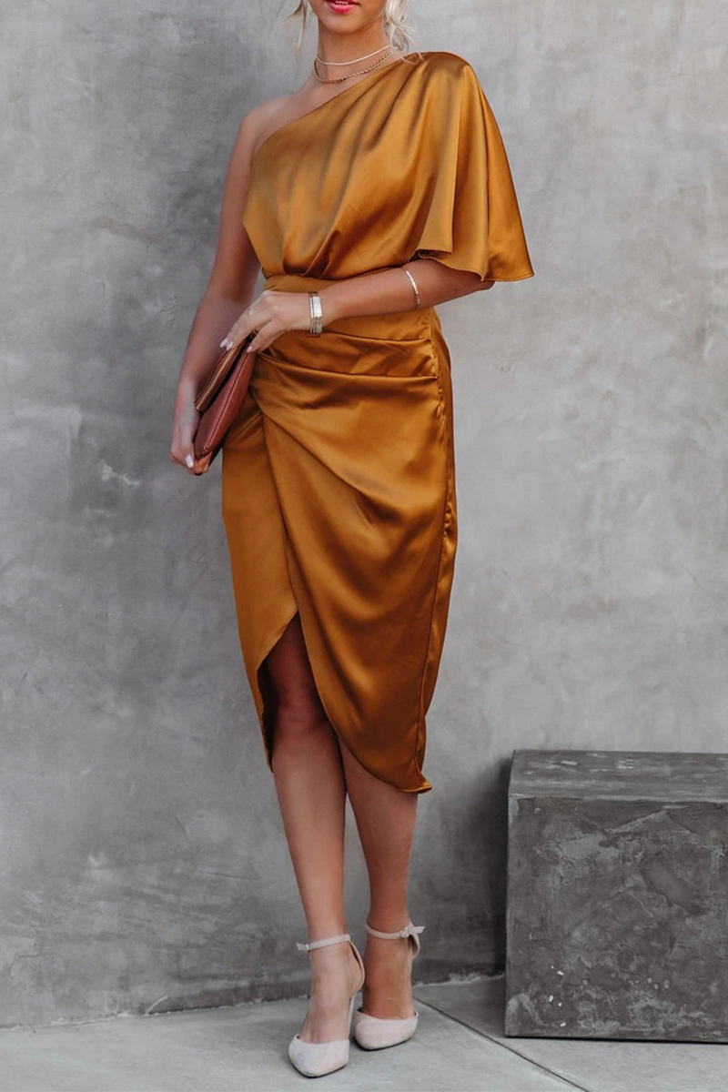 Elegante vestido de noche con cuello oblicuo y pliegues de patchwork liso (5 colores)