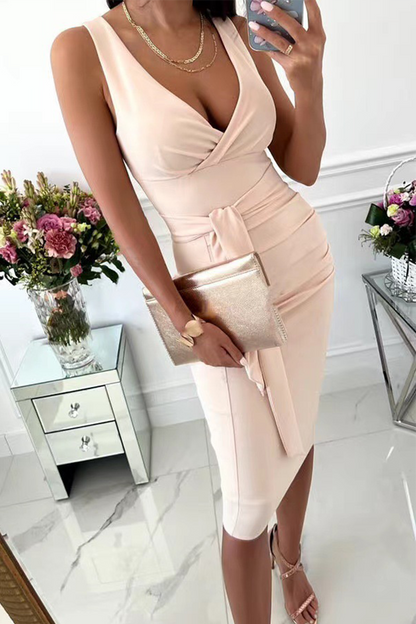 Vestidos casuales con falda tubo, cuello en V y abertura en la parte superior, lisos (5 colores)