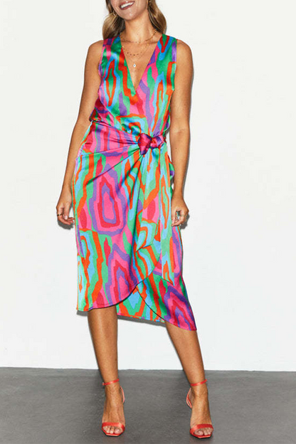 Vestidos casuales con falda y cuello en V y estampado de patchwork