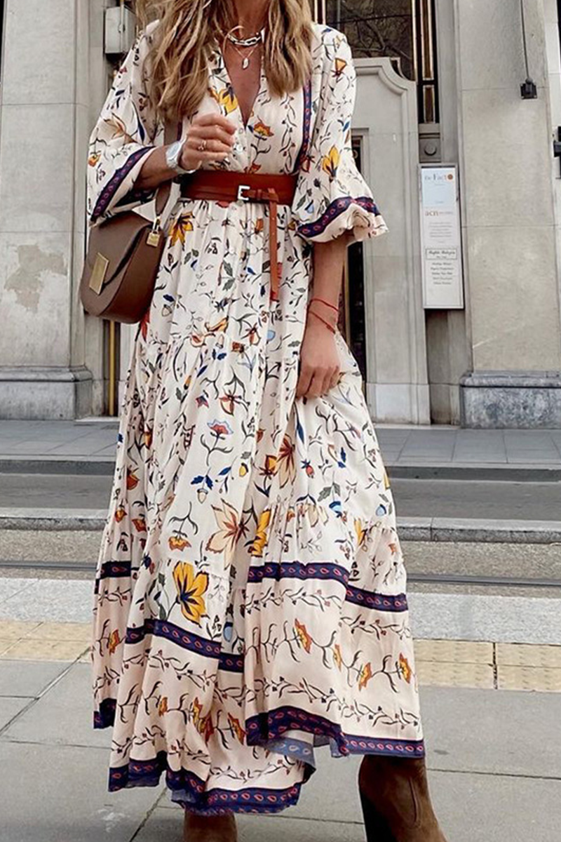 Vestidos casuales con estampado de patchwork, cuello en V y falda pastel