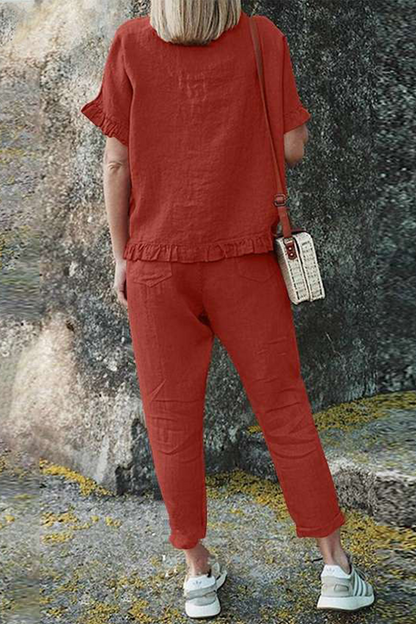 Conjunto informal de dos piezas con volantes, cuello redondo, manga corta (4 colores)