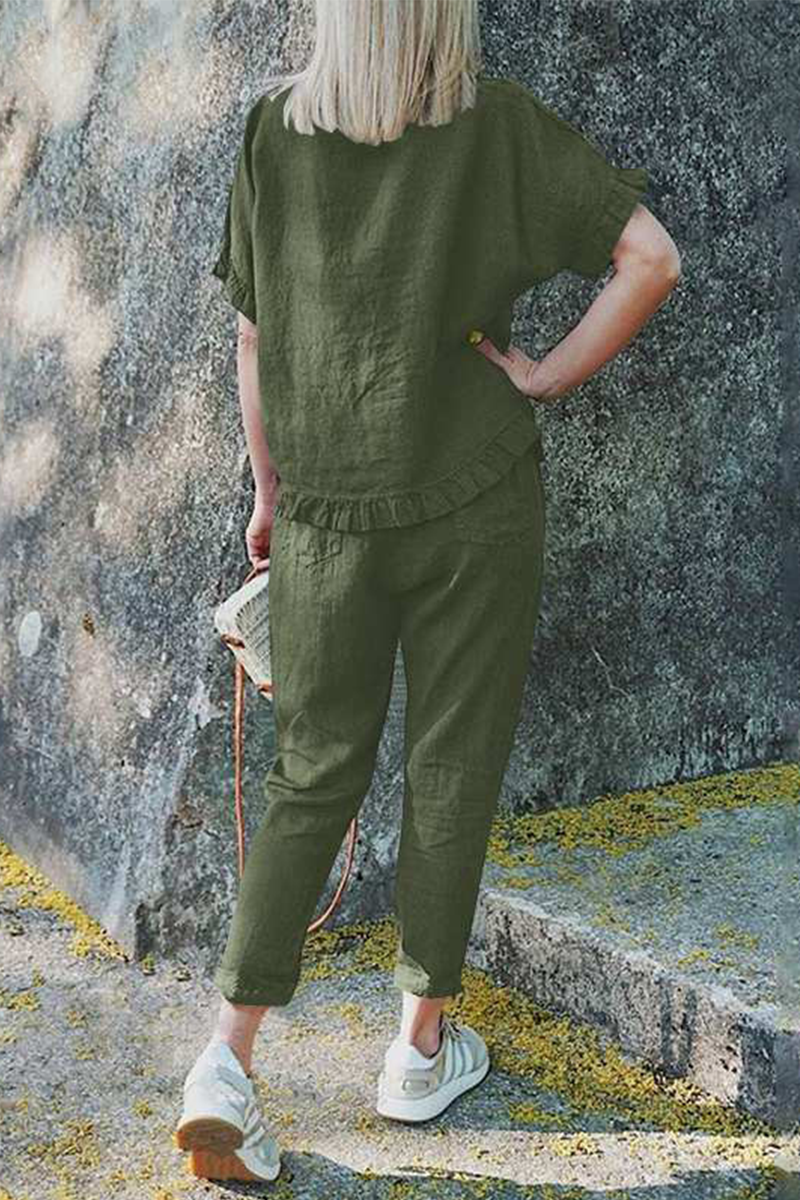 Conjunto informal de dos piezas con volantes, cuello redondo, manga corta (4 colores)