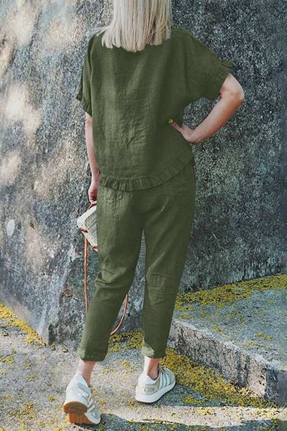 Conjunto informal de dos piezas con volantes, cuello redondo, manga corta (4 colores)