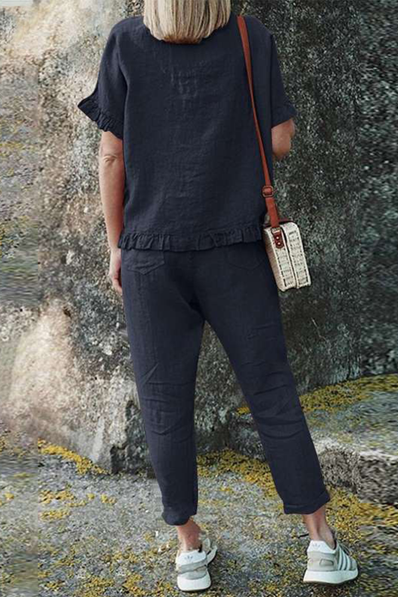 Conjunto informal de dos piezas con volantes, cuello redondo, manga corta (4 colores)
