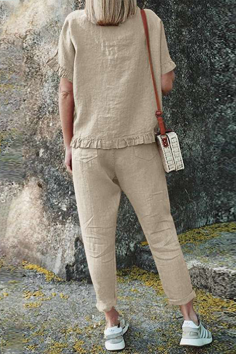 Conjunto informal de dos piezas con volantes, cuello redondo, manga corta (4 colores)