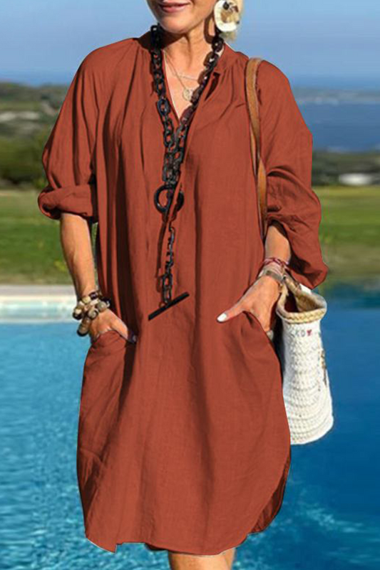Vestidos casuales lisos con cuello en V y patchwork
