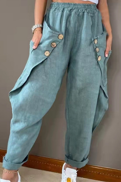 Pantalones Harlan informales de talle medio con hebilla y retazos de color liso (4 colores)
