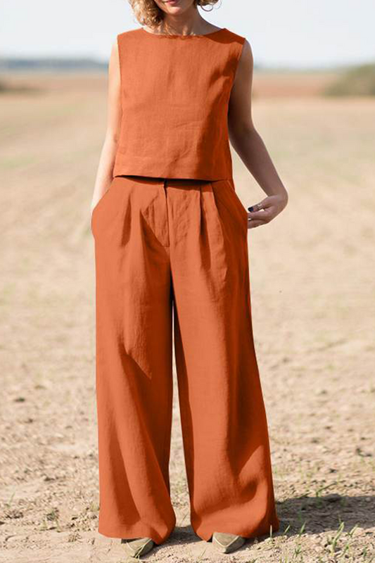 Conjunto informal de dos piezas, liso, cuello redondo, sin mangas (4 colores)