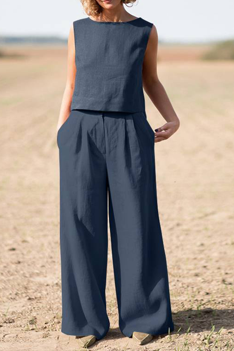 Conjunto informal de dos piezas, liso, cuello redondo, sin mangas (4 colores)