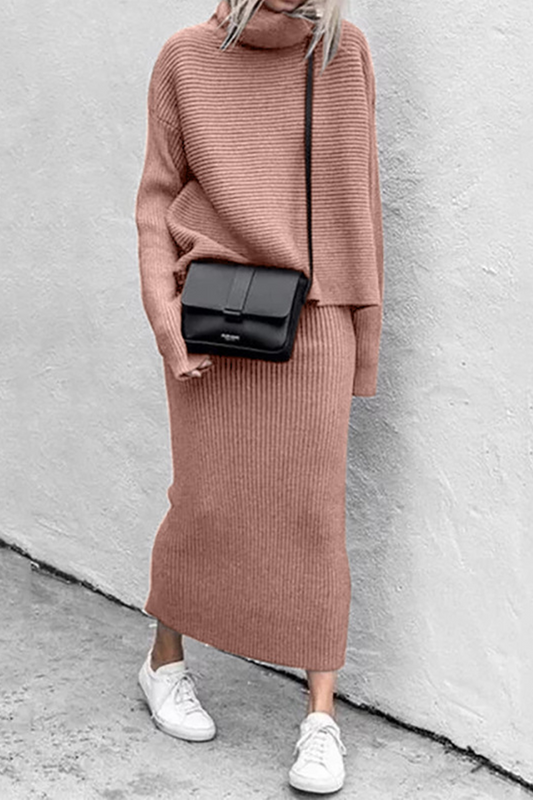 Conjunto informal de dos piezas con cuello alto, manga larga y parches lisos (5 colores)
