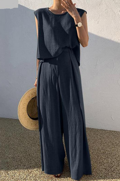 Casual Solid Split Joint O Neck Sleeveless Two Pieces(3 Colors)