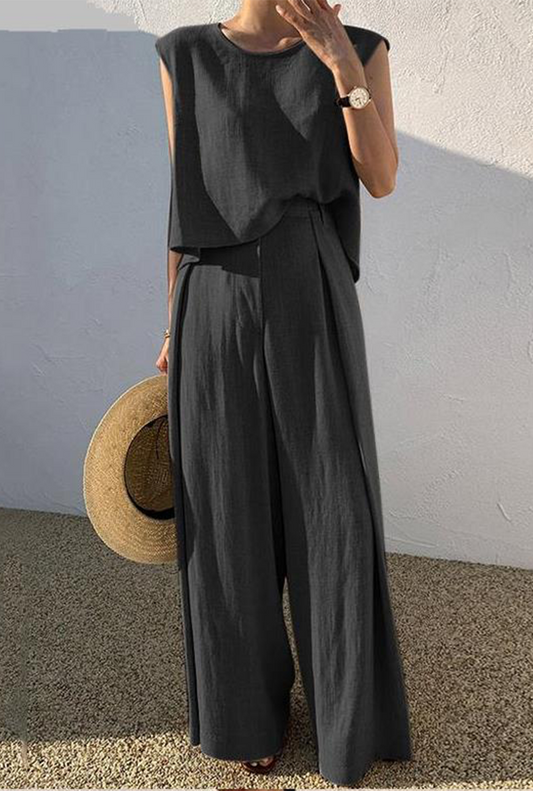 Conjunto informal de dos piezas sin mangas con cuello redondo y parches sólidos