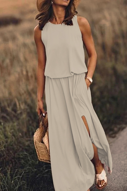 Vestidos casuales de falda con abertura en la cintura y cuello redondo (8 colores)