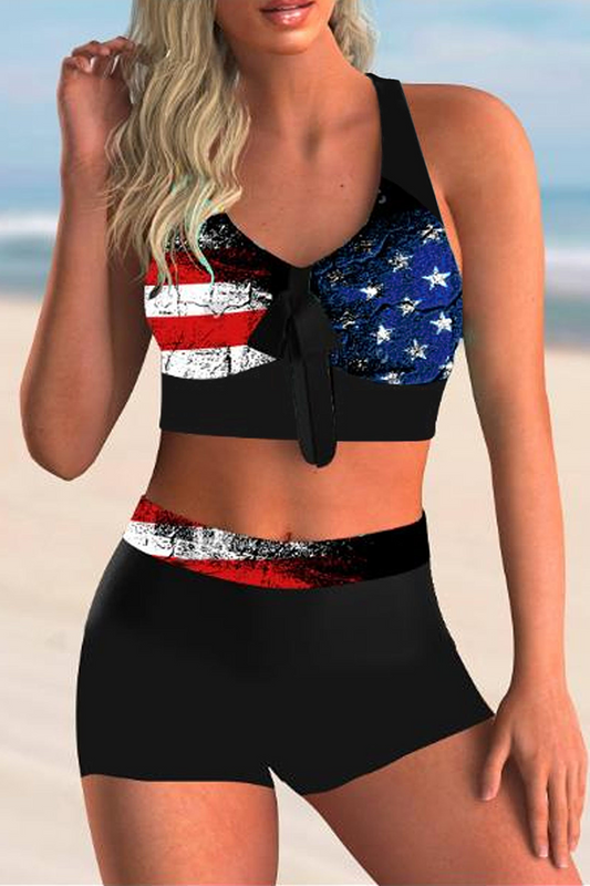 Conjunto de dos piezas sin mangas con cuello en V y estampado casual de patchwork