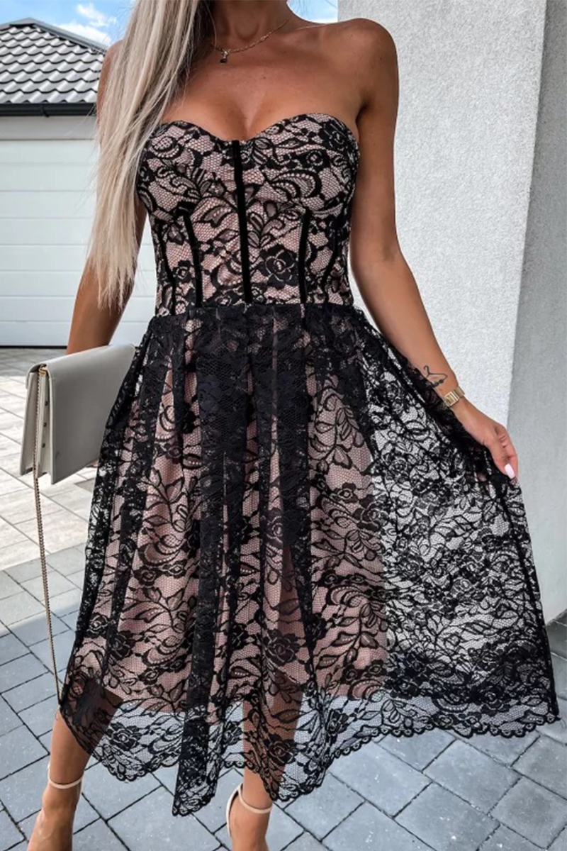 Vestidos sexis de encaje liso sin tirantes con falda de pastel