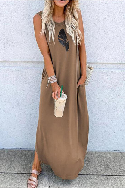 Casual Print Split Joint O Neck Straight Dresses(9 colors)