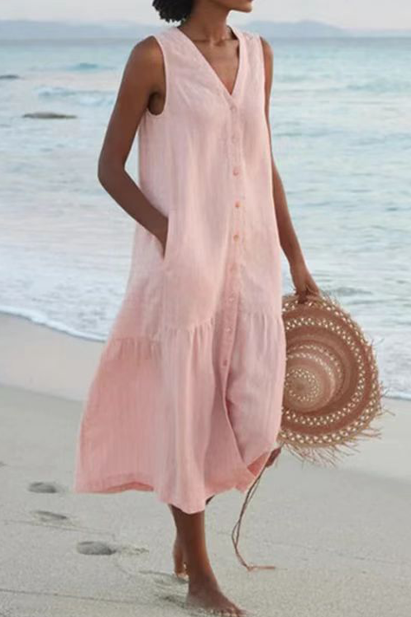 Vestidos casuales con falda pastel y escote en V y hebilla sólida