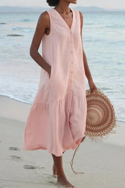 Vestidos casuales con falda pastel y escote en V y hebilla sólida