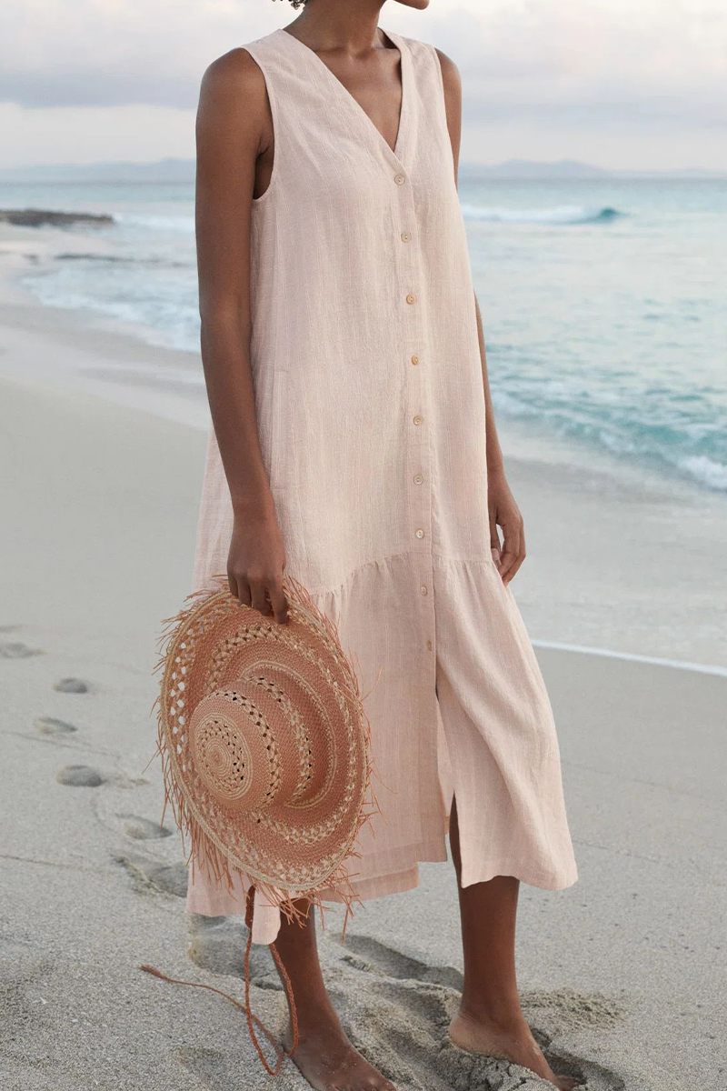 Vestidos casuales con falda pastel y escote en V y hebilla sólida