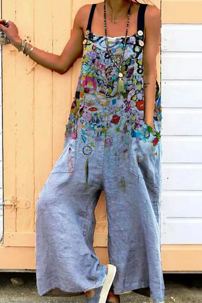 Fashion Print Square Collar Loose Jumpsuits(6 Colors)
