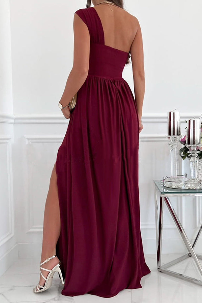 Vestido de noche sexy de moda, liso, sin espalda, con abertura y un solo hombro (7 colores)