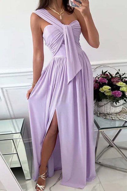 Vestido de noche sexy de moda, liso, sin espalda, con abertura y un solo hombro (7 colores)