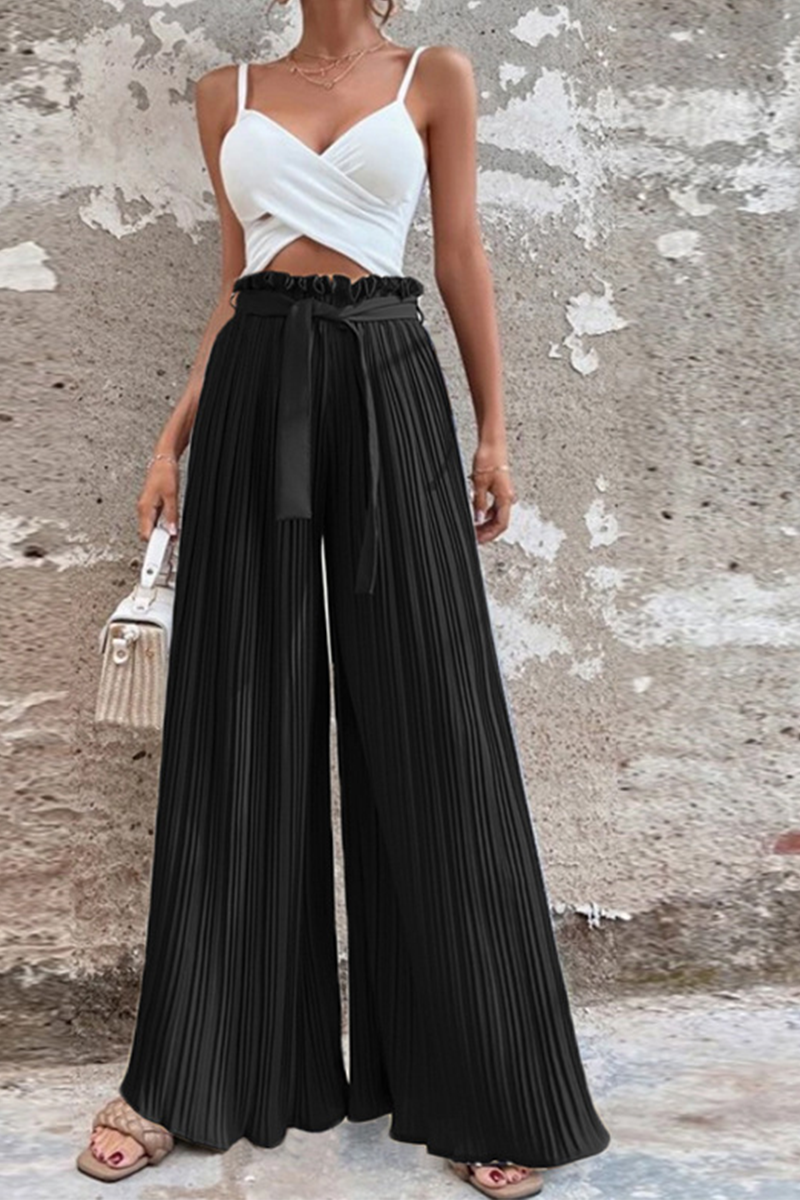 Fashion Solid Fold Loose Mid Waist Wide Leg Solid Color Bottoms(4 colors)