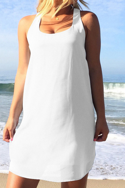 Vestidos casuales lisos con abertura en la parte delantera y cuello redondo (8 colores)